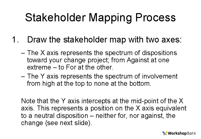 Stakeholder Mapping Process 1. Draw the stakeholder map with two axes: – The X