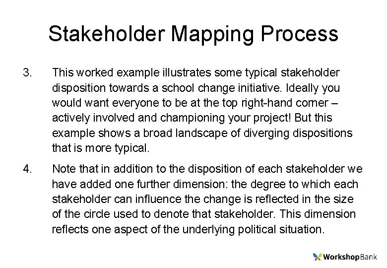 Stakeholder Mapping Process 3. This worked example illustrates some typical stakeholder disposition towards a