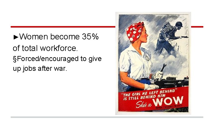 ►Women become 35% of total workforce. §Forced/encouraged to give up jobs after war. 