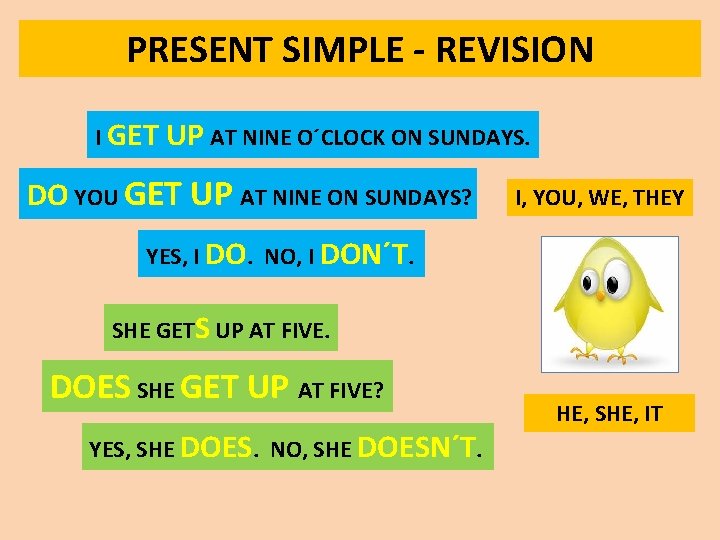 PRESENT SIMPLE - REVISION I GET UP AT NINE O´CLOCK ON SUNDAYS. DO YOU