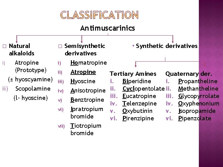 Antimuscarinics Natural alkaloids i) Atropine (Prototype) (± hyoscyamine) ii) Scopolamine (l- hyoscine) � Semisynthetic