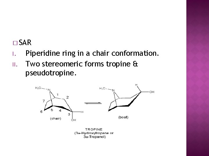 � SAR I. II. Piperidine ring in a chair conformation. Two stereomeric forms tropine