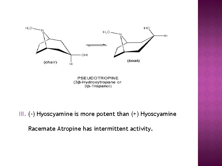 III. (-) Hyoscyamine is more potent than (+) Hyoscyamine Racemate Atropine has intermittent activity.