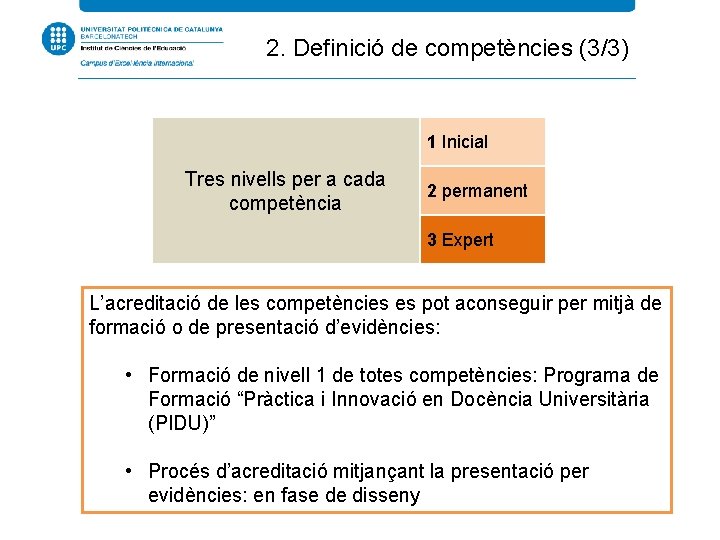 2. Definició de competències (3/3) 1 Inicial Tres nivells per a cada competència 2
