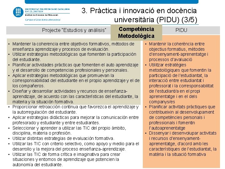 3. Pràctica i innovació en docència universitària (PIDU) (3/5) Projecte “Estudios y análisis” Competència