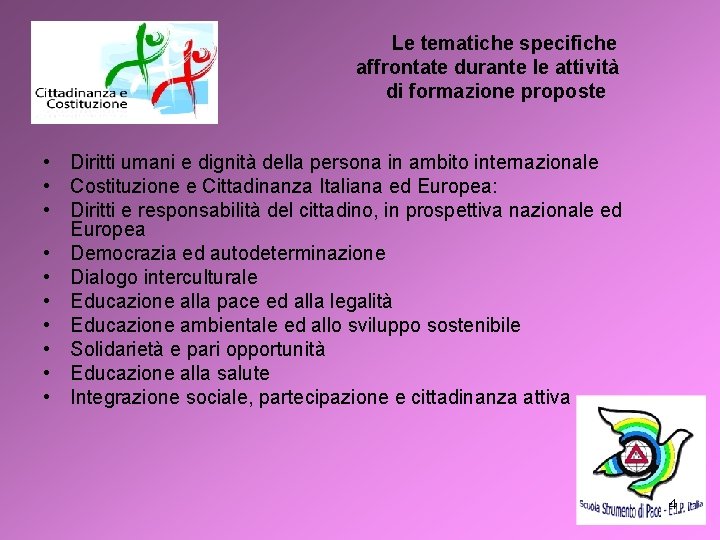 Le tematiche specifiche affrontate durante le attività di formazione proposte • Diritti umani e