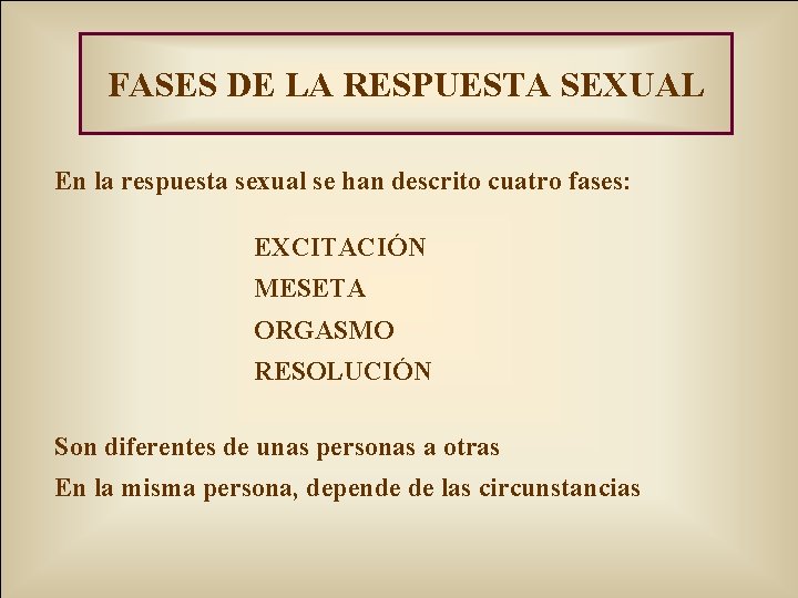 FASES DE LA RESPUESTA SEXUAL En la respuesta sexual se han descrito cuatro fases: