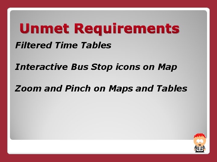 Unmet Requirements Filtered Time Tables Interactive Bus Stop icons on Map Zoom and Pinch