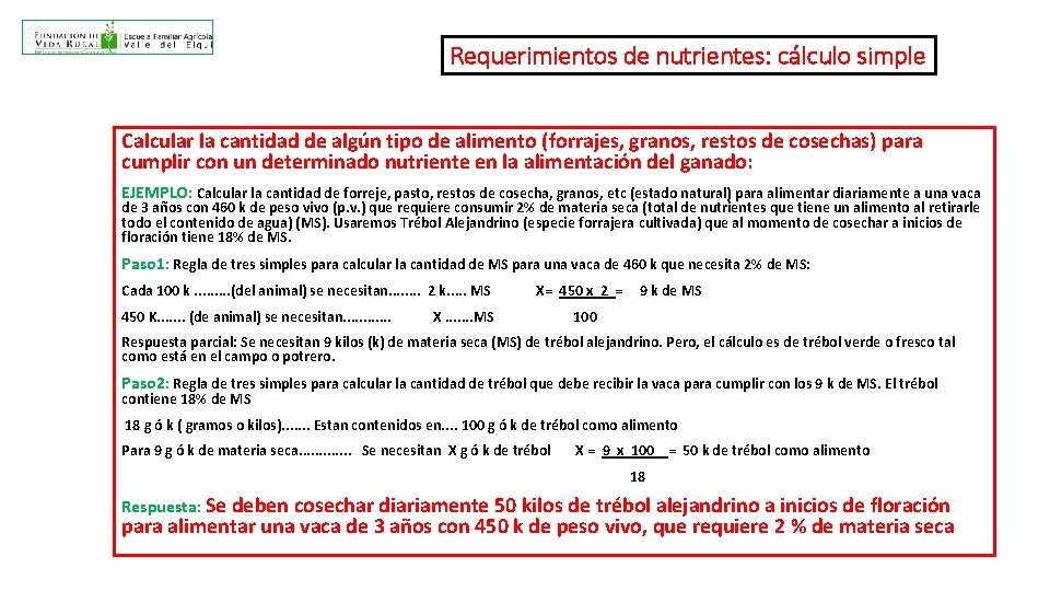 Requerimientos de nutrientes: cálculo simple Calcular la cantidad de algún tipo de alimento (forrajes,