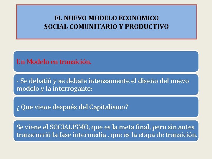 EL NUEVO MODELO ECONOMICO SOCIAL COMUNITARIO Y PRODUCTIVO Un Modelo en transición. - Se