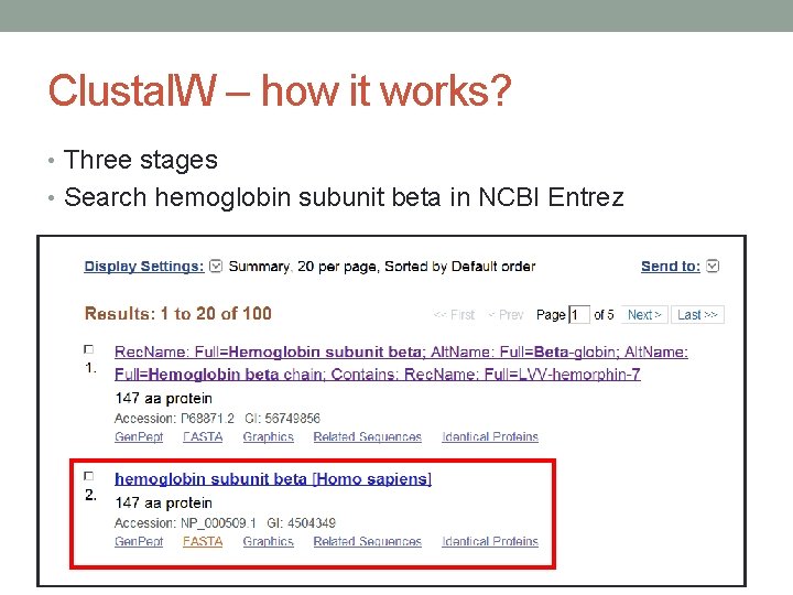 Clustal. W – how it works? • Three stages • Search hemoglobin subunit beta