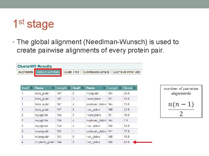 1 st stage • The global alignment (Needlman-Wunsch) is used to create pairwise alignments