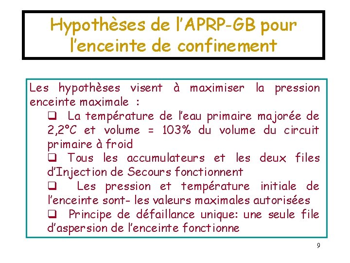 Hypothèses de l’APRP-GB pour l’enceinte de confinement Les hypothèses visent à maximiser la pression