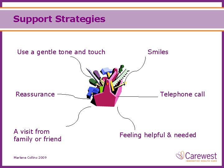 Support Strategies Use a gentle tone and touch Reassurance A visit from family or