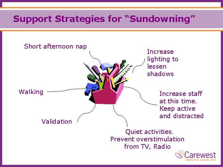 Support Strategies for “Sundowning” Short afternoon nap Walking Validation Increase lighting to lessen shadows