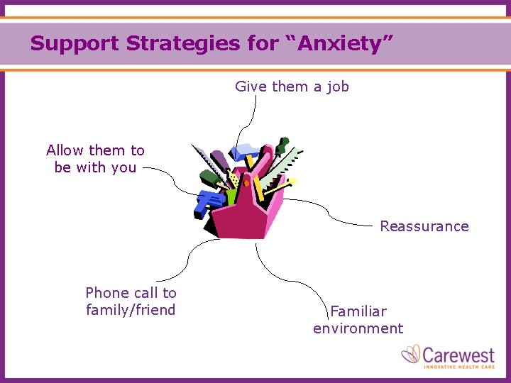 Support Strategies for “Anxiety” Give them a job Allow them to be with you