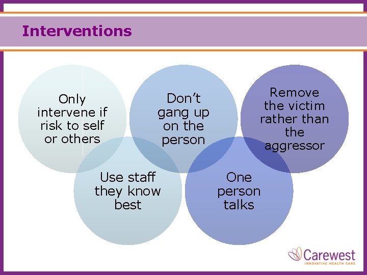 Interventions Only intervene if risk to self or others Don’t gang up on the