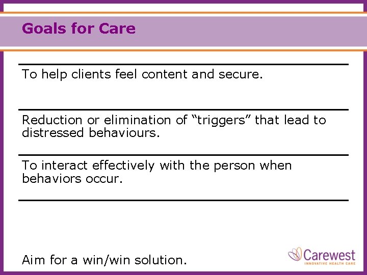 Goals for Care To help clients feel content and secure. Reduction or elimination of