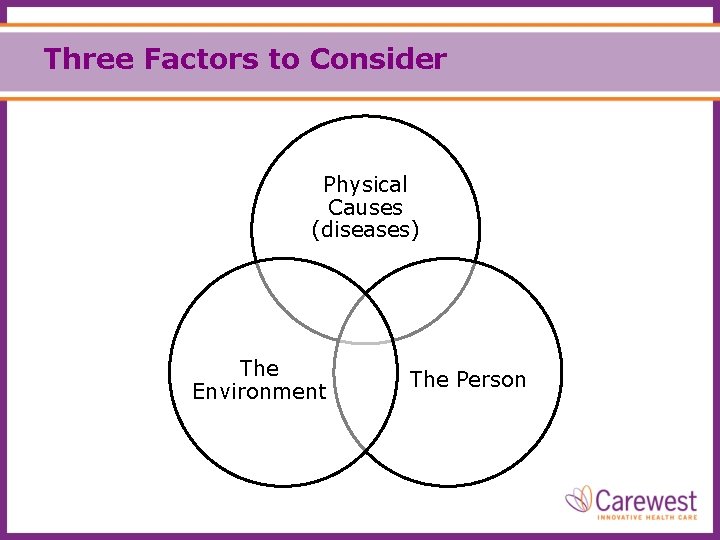 Three Factors to Consider Physical Causes (diseases) The Environment The Person 
