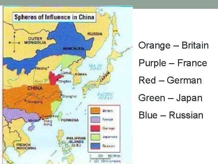 Orange – Britain Purple – France Red – German Green – Japan Blue –