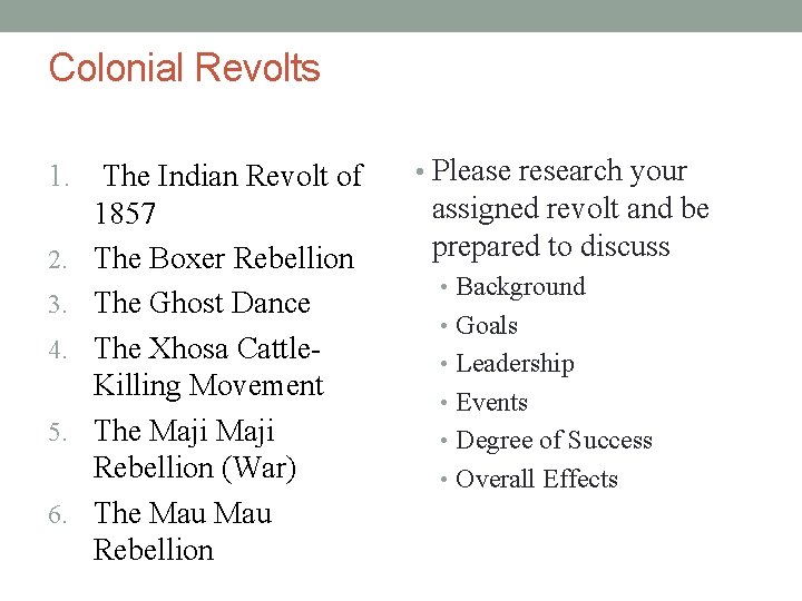 Colonial Revolts 1. 2. 3. 4. 5. 6. The Indian Revolt of 1857 The