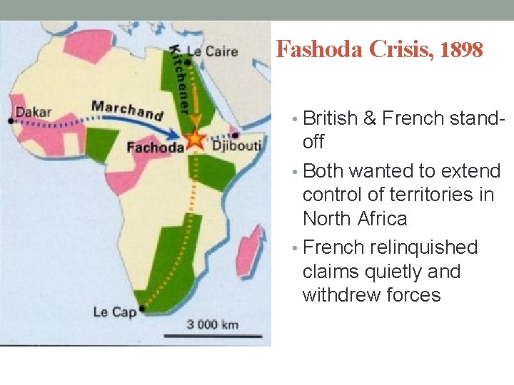 Fashoda Crisis, 1898 • British & French stand- off • Both wanted to extend