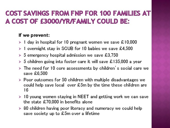 COST SAVINGS FROM FNP FOR 100 FAMILIES AT A COST OF £ 3000/YR/FAMILY COULD