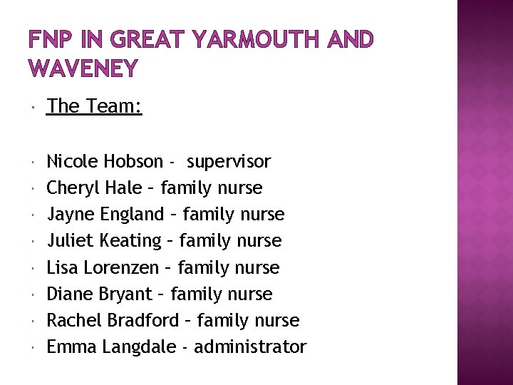 FNP IN GREAT YARMOUTH AND WAVENEY The Team: Nicole Hobson - supervisor Cheryl Hale