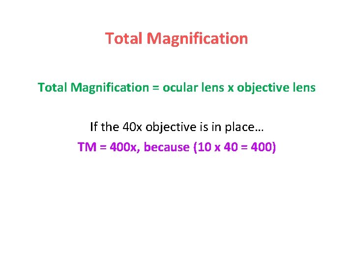 Total Magnification = ocular lens x objective lens If the 40 x objective is