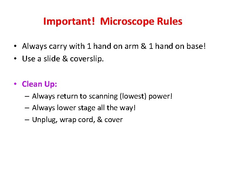 Important! Microscope Rules • Always carry with 1 hand on arm & 1 hand Important! Microscope Rules • Always carry with 1 hand on arm & 1 hand