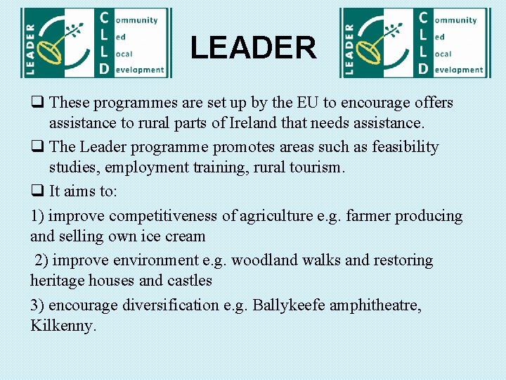 LEADER q These programmes are set up by the EU to encourage offers assistance