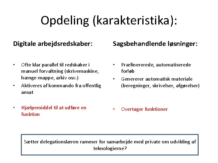 Opdeling (karakteristika): Digitale arbejdsredskaber: • • • Sagsbehandlende løsninger: Ofte klar parallel til redskaber