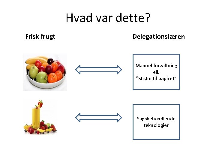 Hvad var dette? Frisk frugt Delegationslæren Manuel forvaltning ell. ”Strøm til papiret” Sagsbehandlende teknologier