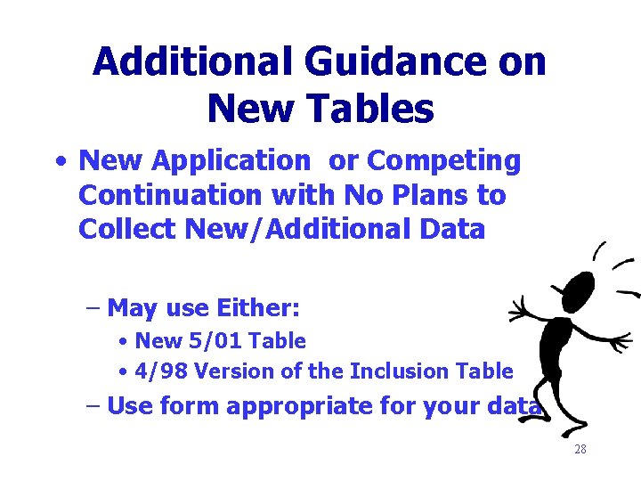 Additional Guidance on New Tables • New Application or Competing Continuation with No Plans