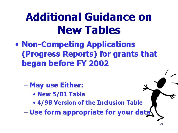 Additional Guidance on New Tables • Non-Competing Applications (Progress Reports) for grants that began