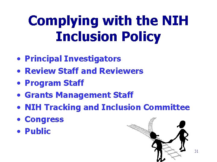 Complying with the NIH Inclusion Policy • • Principal Investigators Review Staff and Reviewers