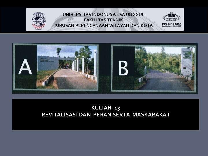 UNIVERSITAS INDONUSA ESA UNGGUL FAKULTAS TEKNIK JURUSAN PERENCANAAN WILAYAH DAN KOTA KULIAH -13 REVITALISASI