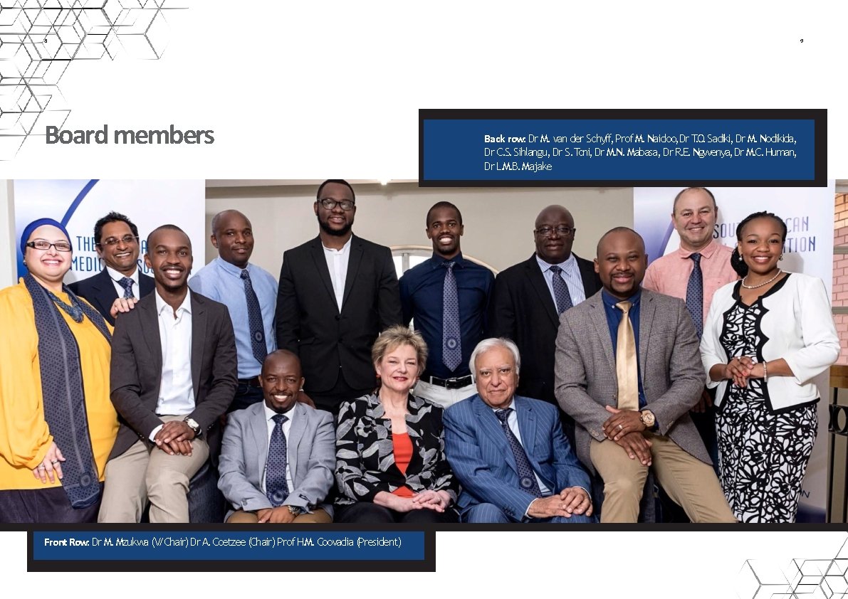 8 Board members Front Row: Dr M. Mzukwa (V/Chair) Dr A. Coetzee (Chair) Prof