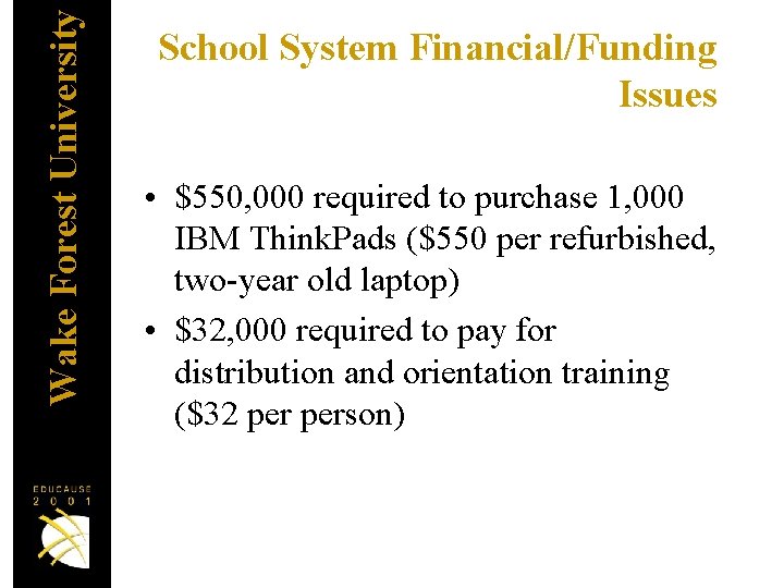 Wake Forest University School System Financial/Funding Issues • $550, 000 required to purchase 1,