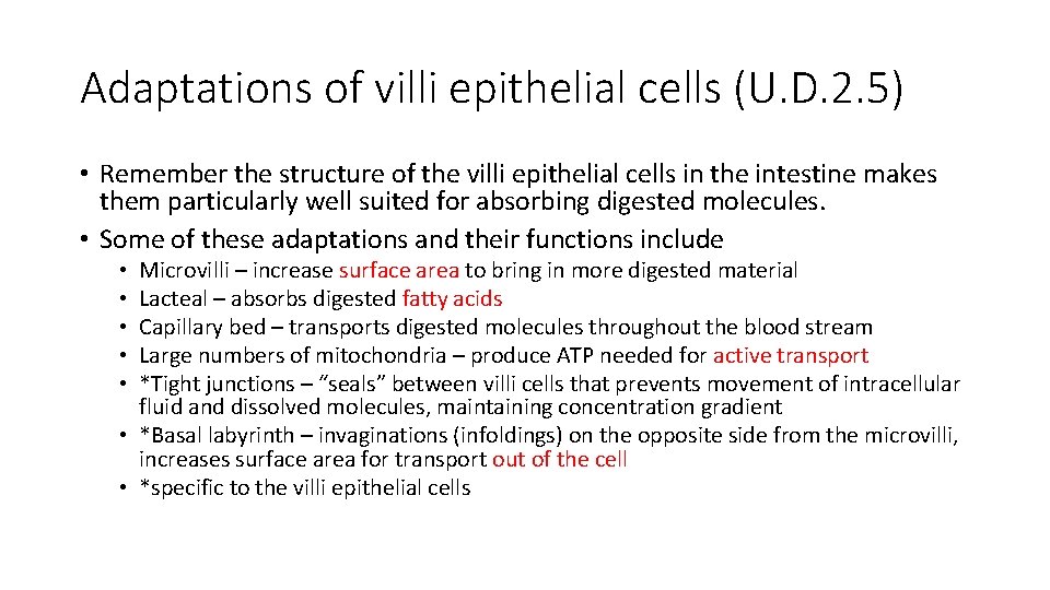 Adaptations of villi epithelial cells (U. D. 2. 5) • Remember the structure of