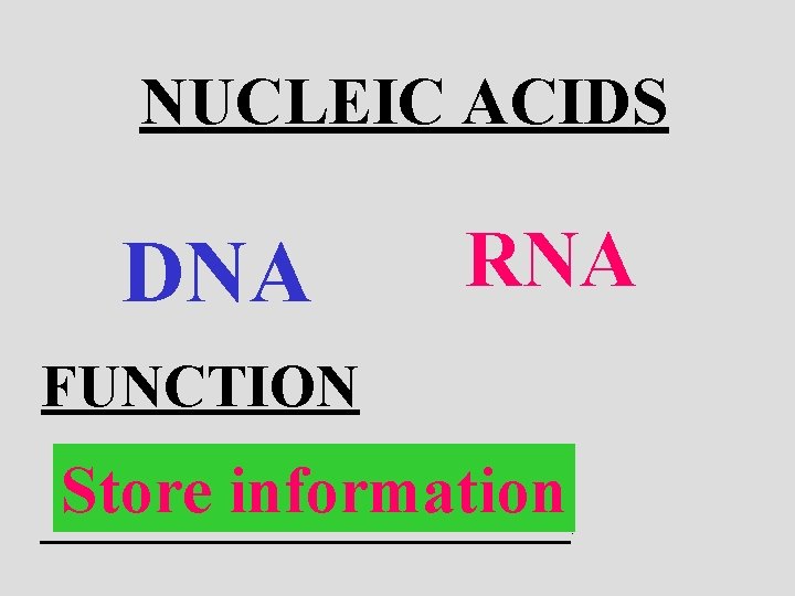 NUCLEIC ACIDS DNA RNA FUNCTION Store information ____________ : 