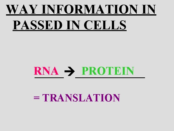 WAY INFORMATION IN PASSED IN CELLS RNA PROTEIN ____________ = TRANSLATION 