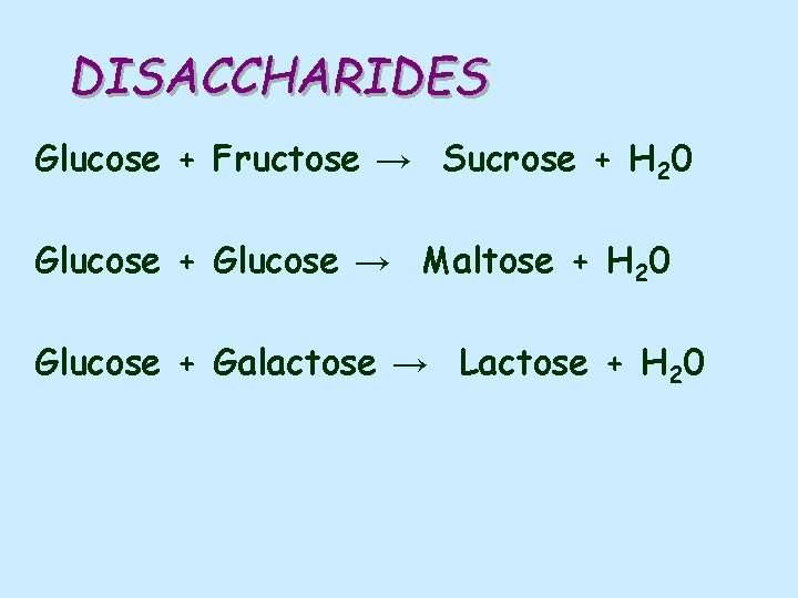 DISACCHARIDES Glucose + Fructose → Sucrose + H 20 Glucose + Glucose → Maltose