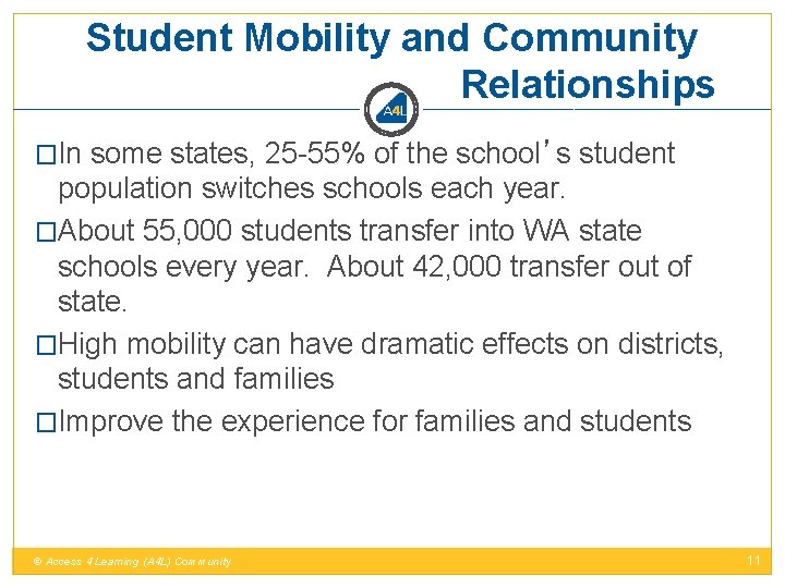 Student Mobility and Community Relationships �In some states, 25 -55% of the school’s student