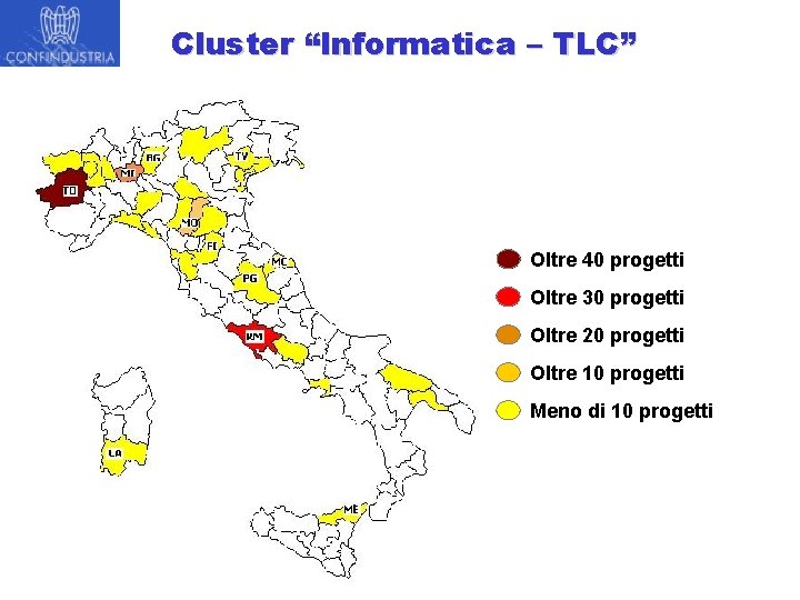 Cluster “Informatica – TLC” Oltre 40 progetti Oltre 30 progetti Oltre 20 progetti Oltre