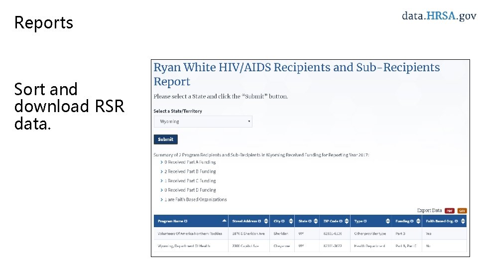 Reports Sort and download RSR data. 