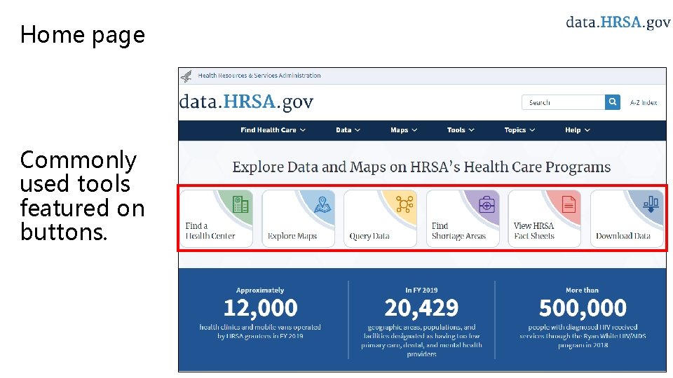 Home page Commonly used tools featured on buttons. 