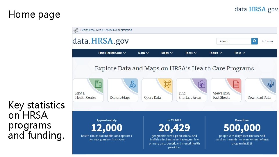 Home page Key statistics on HRSA programs and funding. 