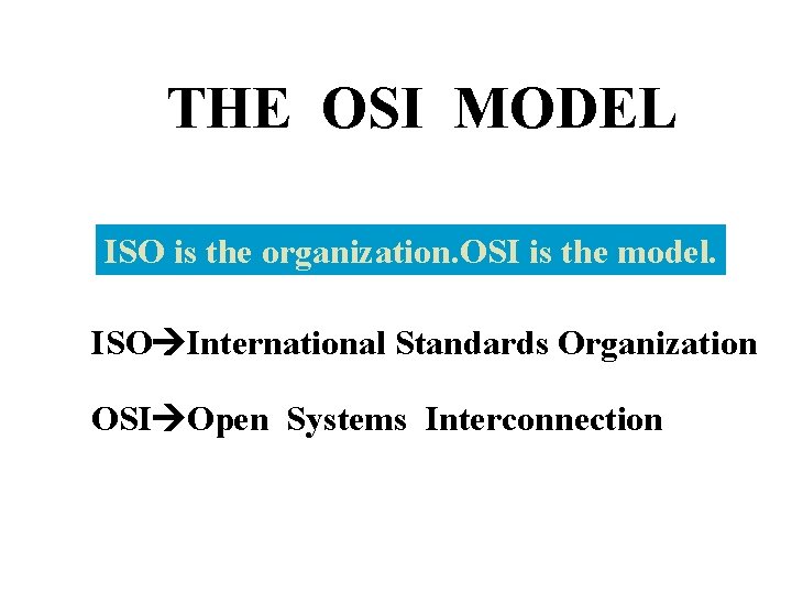 THE OSI MODEL ISO is the organization. OSI is the model. ISO International Standards