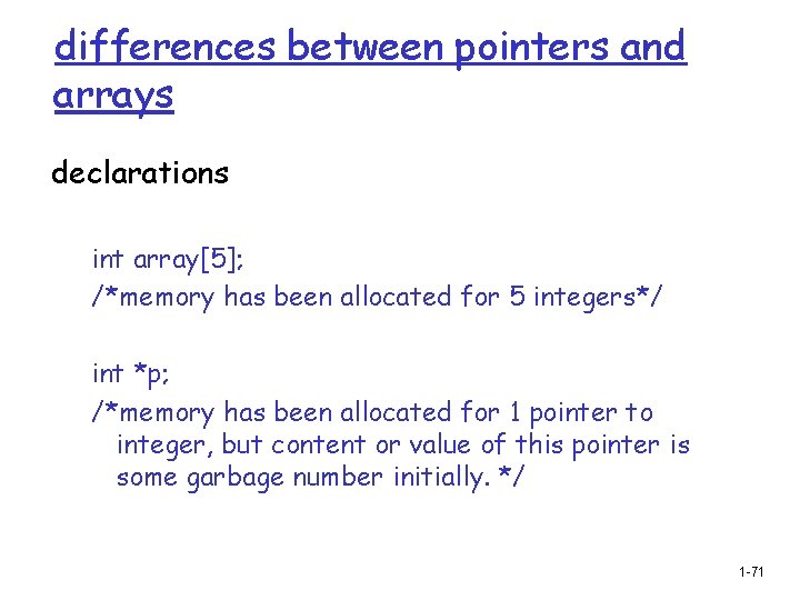 differences between pointers and arrays declarations int array[5]; /*memory has been allocated for 5